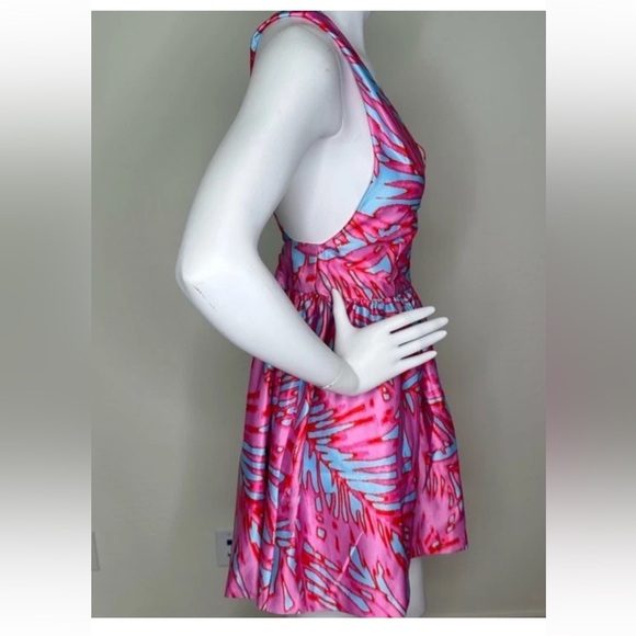 ROMEO + JULIET COUTURE PINK TURQUOISE CRISS CROSS BACK SLEEVELESS MINI DRESS M - Picture 2 of 9